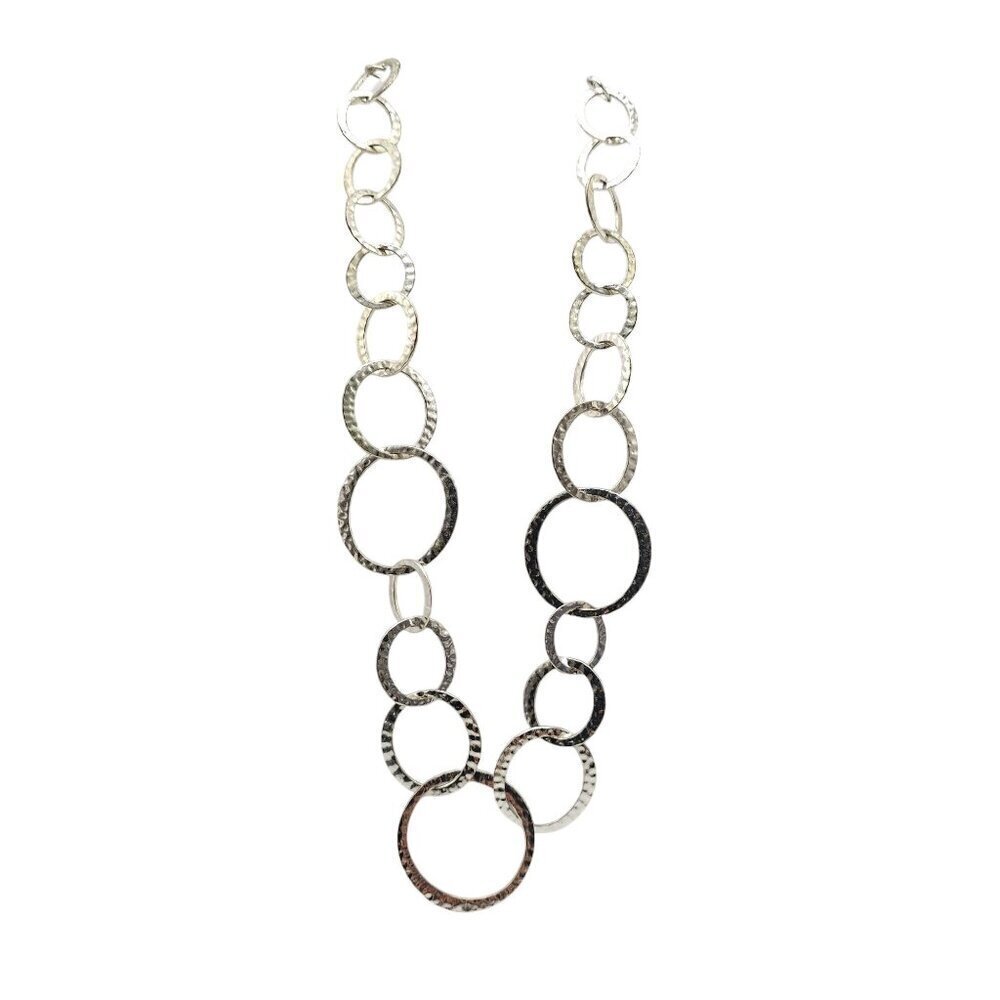 Hammered Silver-Tone Circle Link Necklace Adjustable 26"-28" Chain For Women